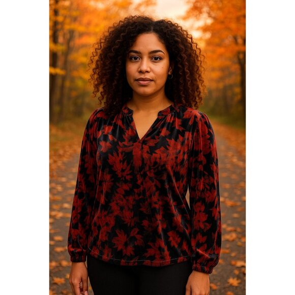 Ella Rafaella Rhubarb Red Black Velvet Blouse Size S Long Sleeve NWT - Picture 1 of 8